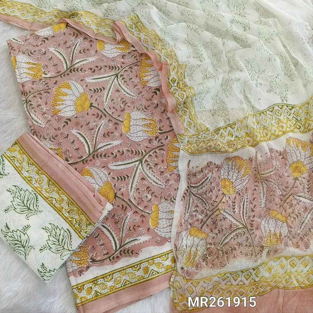 Light onion pink hand block printed pure mul cotton unstitched salwar material, ( thin,lining optional) handblock printed cotton bottom,hand block printed soft chiffon dupatta. (TAPINGS NEEDED, INCONSISTENT PRINTS ARE NOT DEFECTS) MR261915