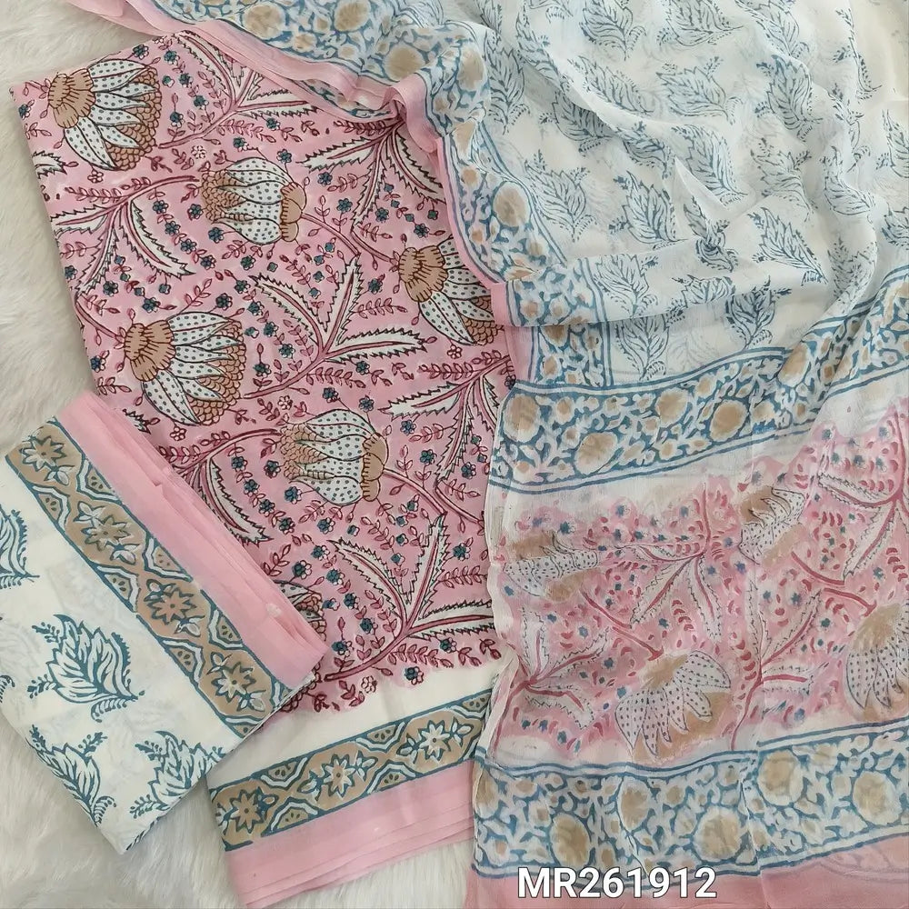 Pastel pink hand block printed pure mul cotton unstitched salwar material, ( thin,lining optional) handblock printed cotton bottom,hand block printed soft chiffon dupatta. (TAPINGS NEEDED, INCONSISTENT PRINTS ARE NOT DEFECTS) MR261912