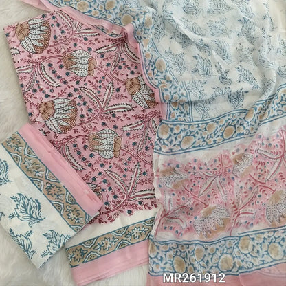 Pastel pink hand block printed pure mul cotton unstitched salwar material, ( thin,lining optional) handblock printed cotton bottom,hand block printed soft chiffon dupatta. (TAPINGS NEEDED, INCONSISTENT PRINTS ARE NOT DEFECTS) MR261912
