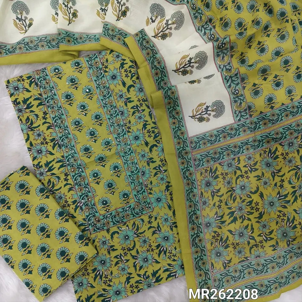 Light green base floral printed pure cotton unstitched salwar material, kantha stitch and sequins work on yoke,(lining optional) printed cotton bottom, printed full length cotton dupatta. MR262208