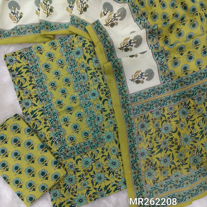 Light green base floral printed pure cotton unstitched salwar material, kantha stitch and sequins work on yoke,(lining optional) printed cotton bottom, printed full length cotton dupatta. MR262208