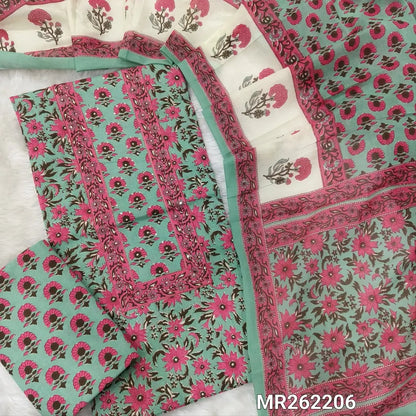Pastel blue base floral printed pure cotton unstitched salwar material, kantha stitch and sequins work on yoke,(lining optional) printed cotton bottom, printed full length cotton dupatta. MR262206