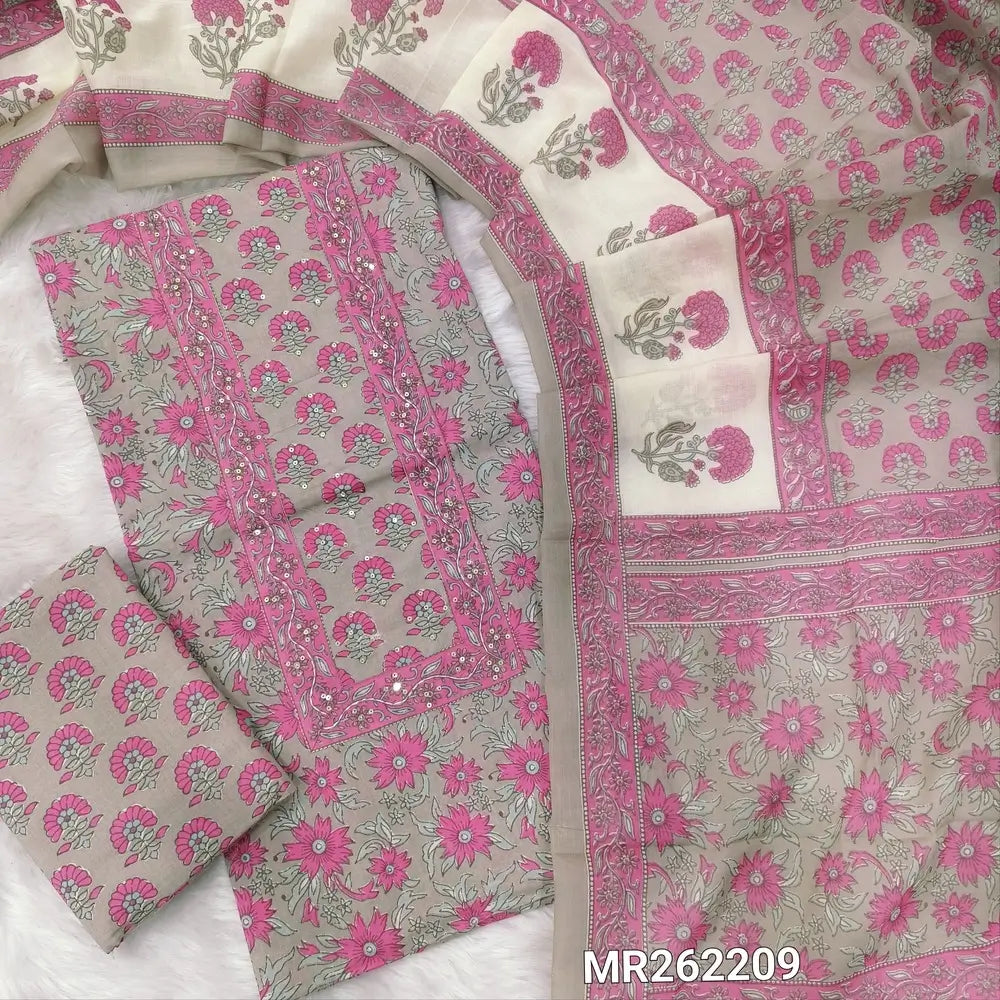Grey base floral printed pure cotton unstitched salwar material, kantha stitch and sequins work on yoke,(lining optional) printed cotton bottom, printed full length cotton dupatta. MR262209