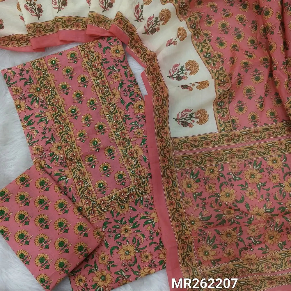 Pastel pink base floral printed pure cotton unstitched salwar material, kantha stitch and sequins work on yoke,(lining optional) printed cotton bottom, printed full length cotton dupatta. MR262207