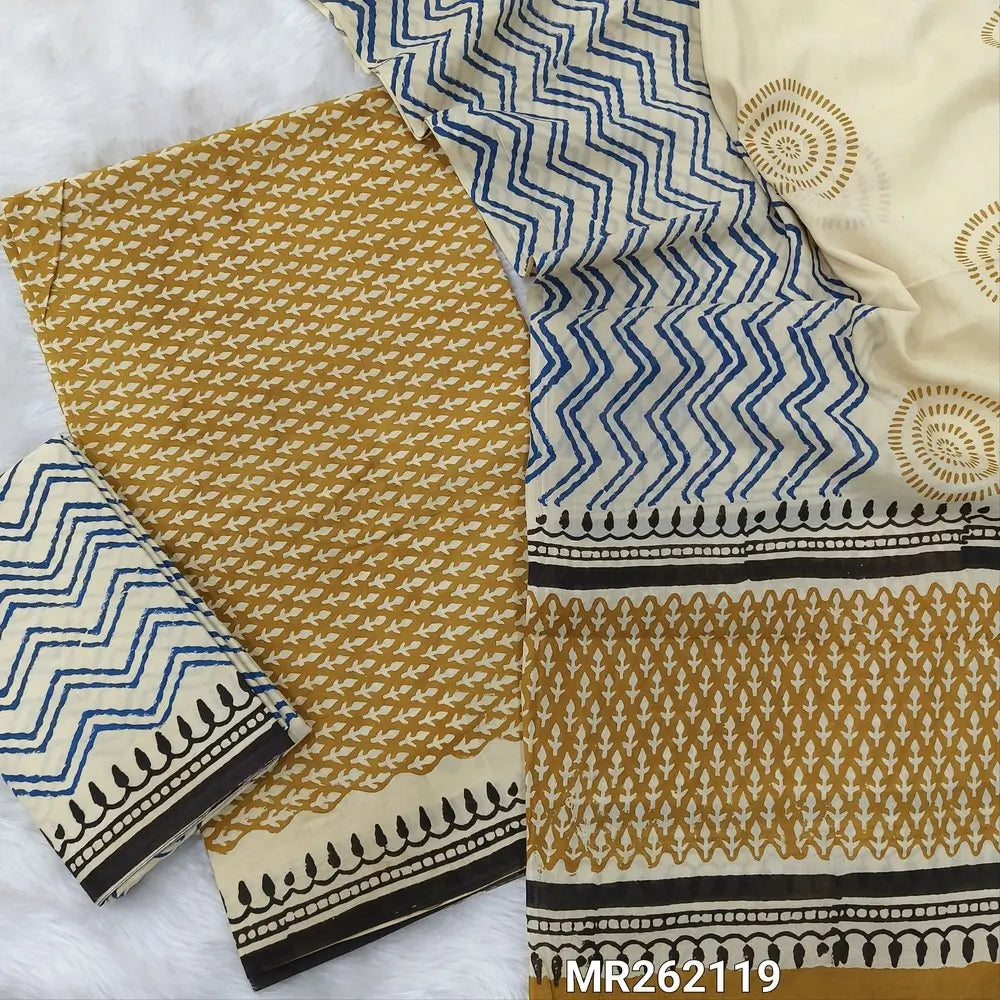 Mehandhi yellow hand block printed pure mul cotton unstitched salwar material, (lining optional) zigzag hand block printed cotton bottom,block printed full length mul cotton dupatta. (TAPINGS NEEDED, INCONSISTENT PRINTS ARE NOT DEFECTS) MR262119