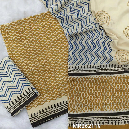Mehandhi yellow hand block printed pure mul cotton unstitched salwar material, (lining optional) zigzag hand block printed cotton bottom,block printed full length mul cotton dupatta. (TAPINGS NEEDED, INCONSISTENT PRINTS ARE NOT DEFECTS) MR262119