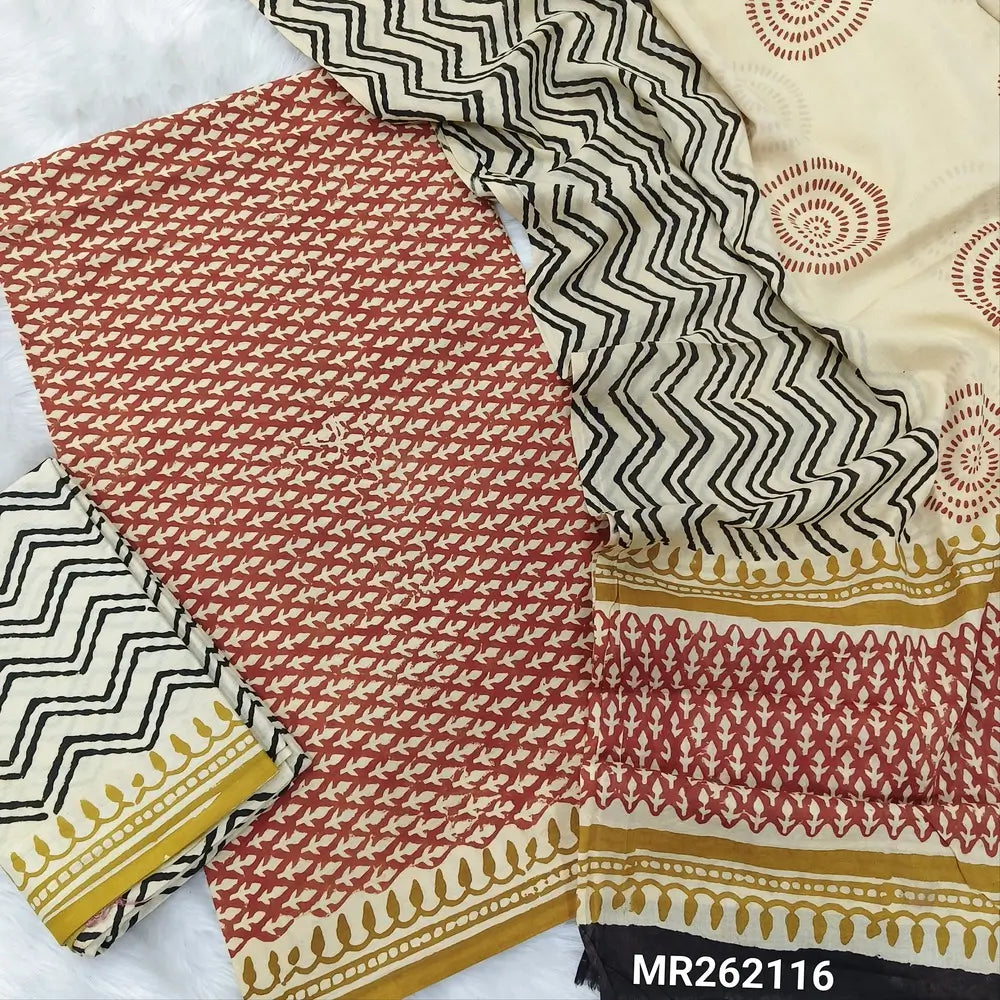 Brick red hand block printed pure mul cotton unstitched salwar material, (lining optional) zigzag hand block printed cotton bottom,block printed full length mul cotton dupatta. (TAPINGS NEEDED, INCONSISTENT PRINTS ARE NOT DEFECTS) MR262116