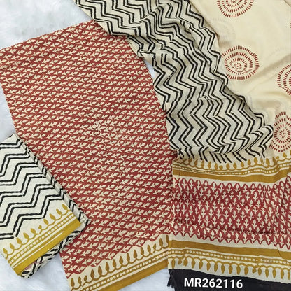 Brick red hand block printed pure mul cotton unstitched salwar material, (lining optional) zigzag hand block printed cotton bottom,block printed full length mul cotton dupatta. (TAPINGS NEEDED, INCONSISTENT PRINTS ARE NOT DEFECTS) MR262116