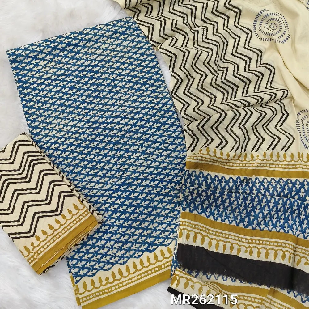 Blue hand block printed pure mul cotton unstitched salwar material, (lining optional) zigzag hand block printed cotton bottom,block printed full length mul cotton dupatta. (TAPINGS NEEDED, INCONSISTENT PRINTS ARE NOT DEFECTS) MR262115