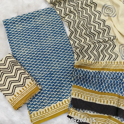Blue hand block printed pure mul cotton unstitched salwar material, (lining optional) zigzag hand block printed cotton bottom,block printed full length mul cotton dupatta. (TAPINGS NEEDED, INCONSISTENT PRINTS ARE NOT DEFECTS) MR262115