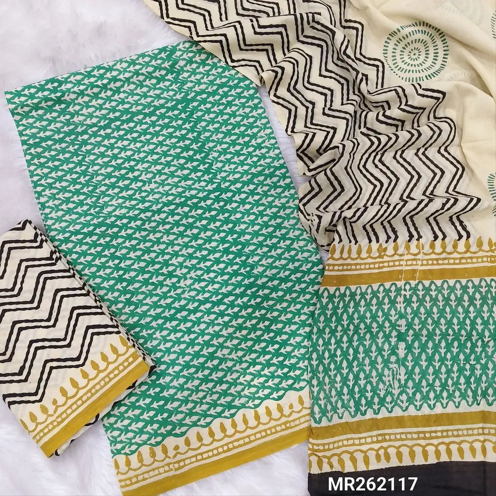 Teal green hand block printed pure mul cotton unstitched salwar material, (lining optional) zigzag hand block printed cotton bottom,block printed full length mul cotton dupatta. (TAPINGS NEEDED, INCONSISTENT PRINTS ARE NOT DEFECTS) MR262117