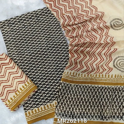 Black hand block printed pure mul cotton unstitched salwar material, (lining optional) zigzag hand block printed cotton bottom,block printed full length mul cotton dupatta. (TAPINGS NEEDED, INCONSISTENT PRINTS ARE NOT DEFECTS) MR262118