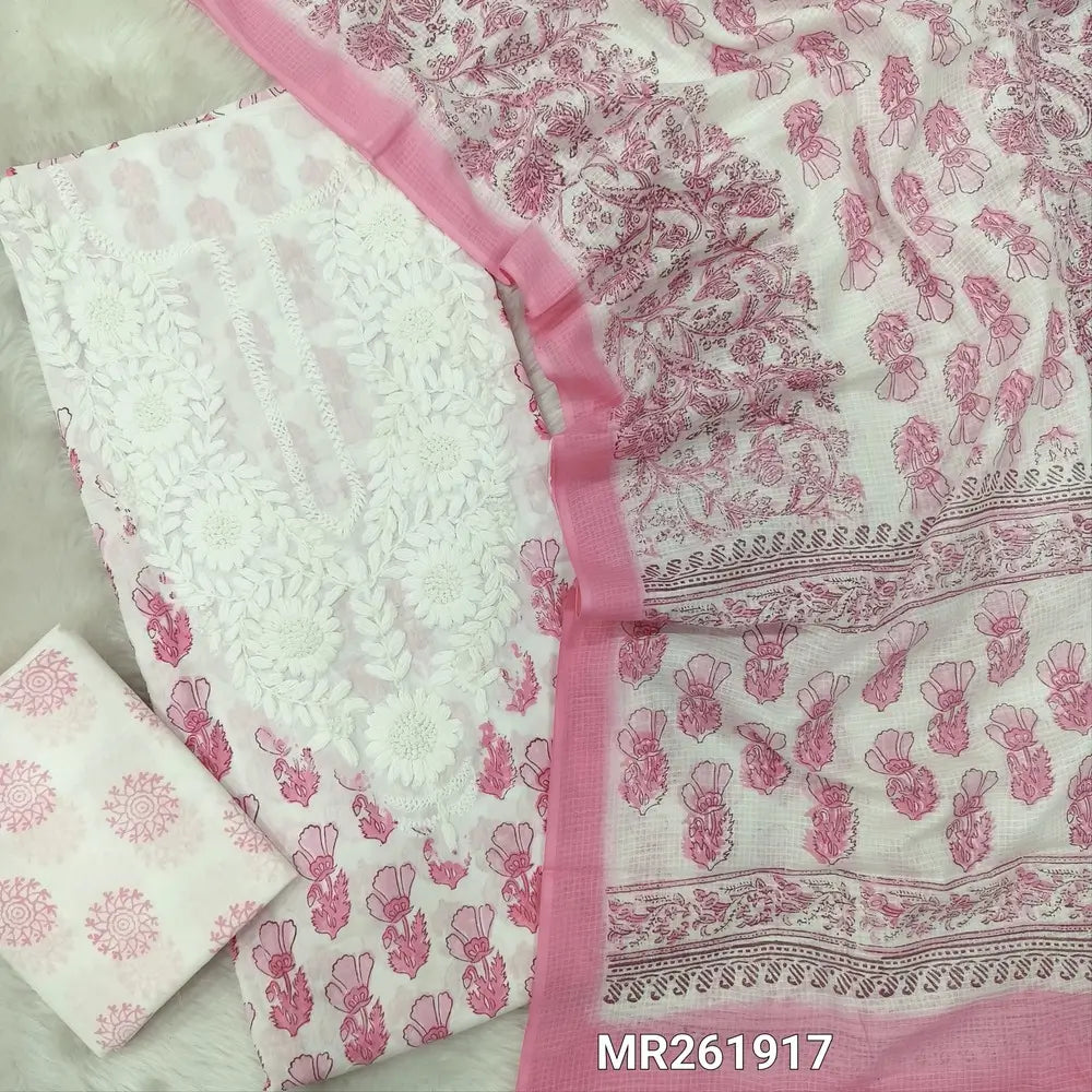 Pastel pink chikankari embroidered pure cotton unstitched salwar material( soft,lining needed) hand block printed all over,pure cotton bottom, hand block printed pure kota cotton dupatta (TAPING NEEDED). MR261917