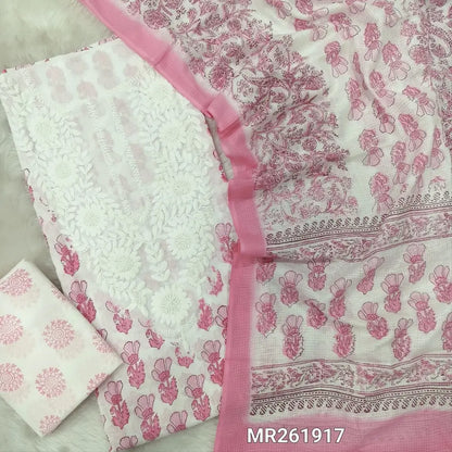 Pastel pink chikankari embroidered pure cotton unstitched salwar material( soft,lining needed) hand block printed all over,pure cotton bottom, hand block printed pure kota cotton dupatta (TAPING NEEDED). MR261917