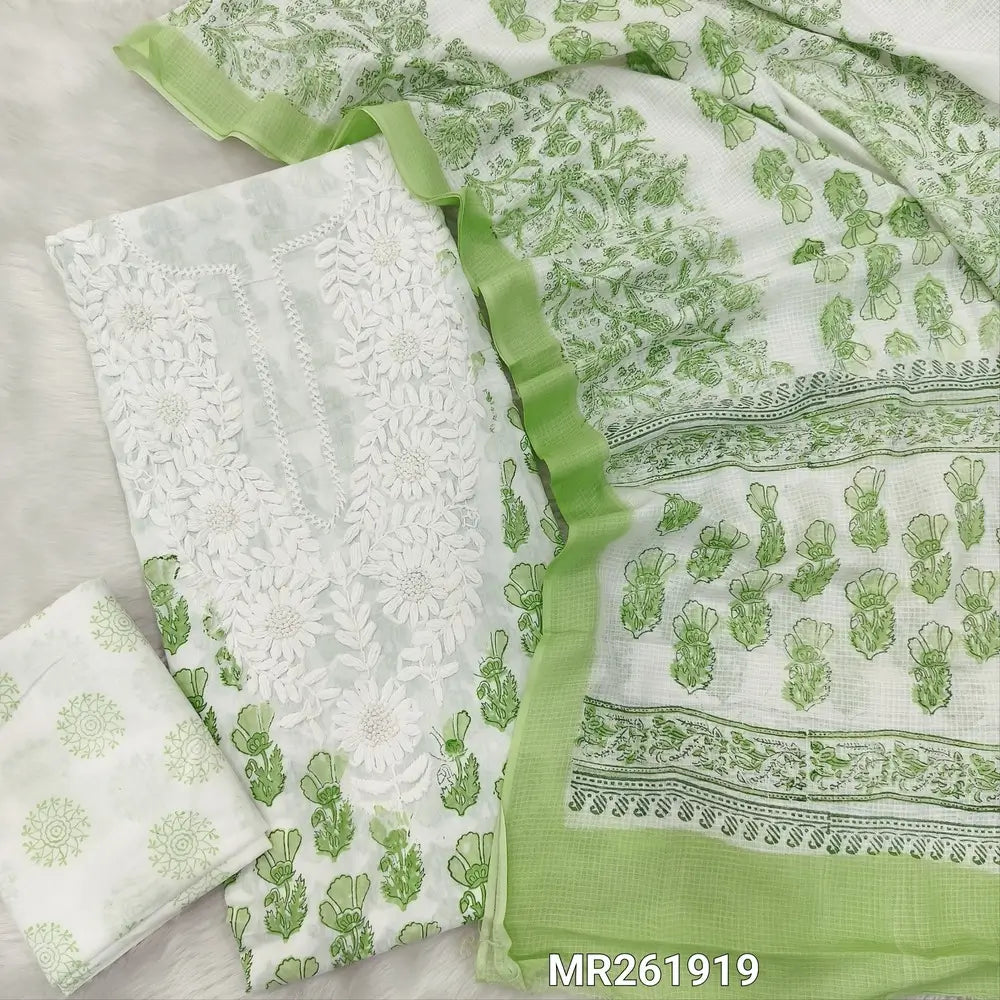 Pastel green chikankari embroidered pure cotton unstitched salwar material( soft,lining needed) hand block printed all over,pure cotton bottom, hand block printed pure kota cotton dupatta (TAPING NEEDED). MR261919