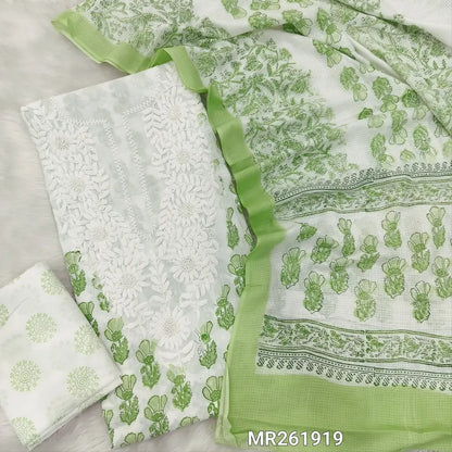 Pastel green chikankari embroidered pure cotton unstitched salwar material( soft,lining needed) hand block printed all over,pure cotton bottom, hand block printed pure kota cotton dupatta (TAPING NEEDED). MR261919
