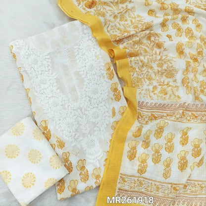 Pastel yellow chikankari embroidered pure cotton unstitched salwar material( soft,lining needed) hand block printed all over,pure cotton bottom, hand block printed pure kota cotton dupatta (TAPING NEEDED). MR261918