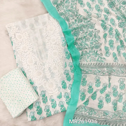 Pastel blue chikankari embroidered pure cotton unstitched salwar material( soft,lining needed) hand block printed all over,pure cotton bottom, hand block printed pure kota cotton dupatta (TAPING NEEDED). MR261916