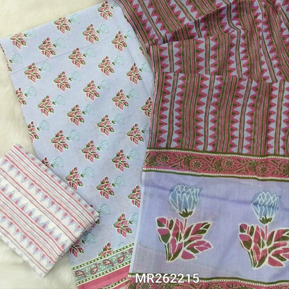 Powder blue hand block printed pure soft cotton unstitched salwar material, ( thin,lining optional)printed cotton bottom,hand block printed full length mul cotton dupatta. (TAPINGS NEEDED, INCONSISTENT PRINTS ARE NOT DEFECTS) MR262215