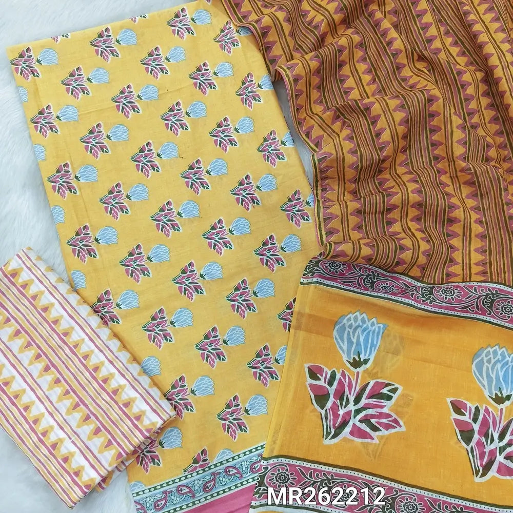 Pastel yellow hand block printed pure soft cotton unstitched salwar material, ( thin,lining optional)printed cotton bottom,hand block printed full length mul cotton dupatta. (TAPINGS NEEDED, INCONSISTENT PRINTS ARE NOT DEFECTS) MR262212