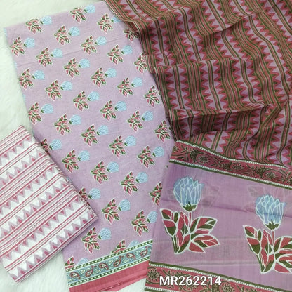 Light mauve hand block printed pure soft cotton unstitched salwar material, ( thin,lining optional)printed cotton bottom,hand block printed full length mul cotton dupatta. (TAPINGS NEEDED, INCONSISTENT PRINTS ARE NOT DEFECTS) MR262214