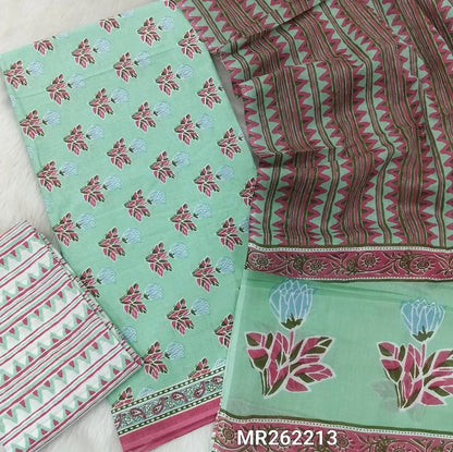 Pastel blue hand block printed pure soft cotton unstitched salwar material, ( thin,lining optional)printed cotton bottom,hand block printed full length mul cotton dupatta. (TAPINGS NEEDED, INCONSISTENT PRINTS ARE NOT DEFECTS) MR262213