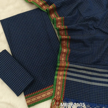 Dark blue mercerised handloom cotton unstitched salwar material, checked all over, double side borders (textured,Lining Needed) checked handloom bottom,checked full length mercerized handloom cotton dupatta. MR262105