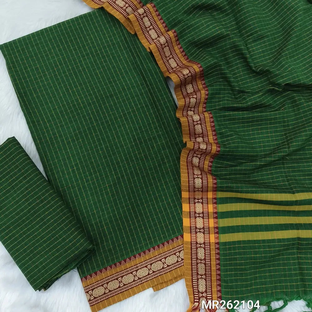 Leafy green mercerised handloom cotton unstitched salwar material, checked all over, double side borders (textured,Lining Needed) checked handloom bottom,checked full length mercerized handloom cotton dupatta. MR262104
