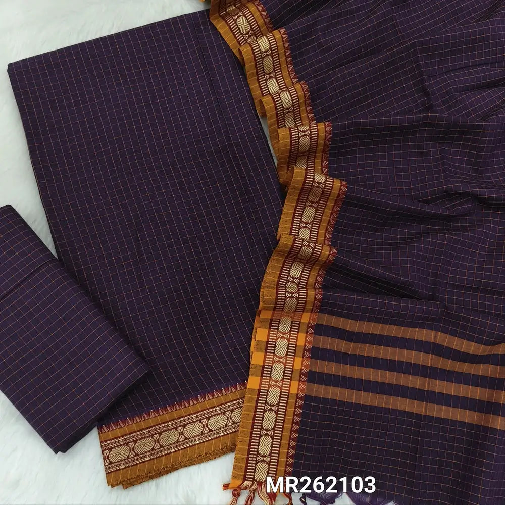 Dark purple mercerised handloom cotton unstitched salwar material, checked all over, double side borders (textured,Lining Needed) checked handloom bottom, checked full length mercerized handloom cotton dupatta. MR262103