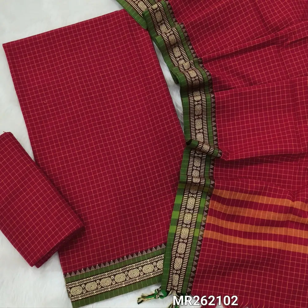 Red shade mercerised handloom cotton unstitched salwar material, checked all over, double side borders (textured,Lining Needed) checked  handloom bottom, checked full length mercerized handloom cotton dupatta. MR262102