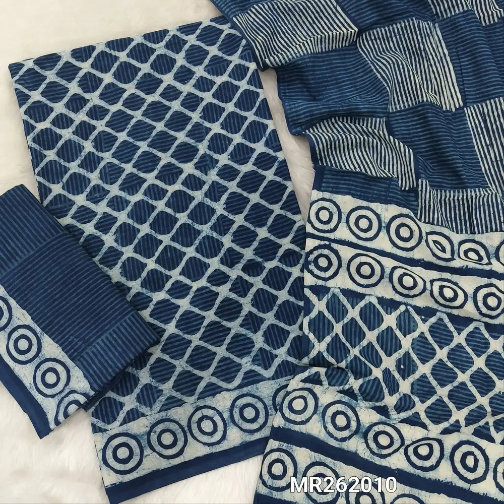 Indigo blue hand block printed pure mul cotton unstitched salwar material(lining optional)block printed cotton bottom, hand block printed full length pure mul cotton full length dupatta(REQUIRES TAPINGS). MR262010
