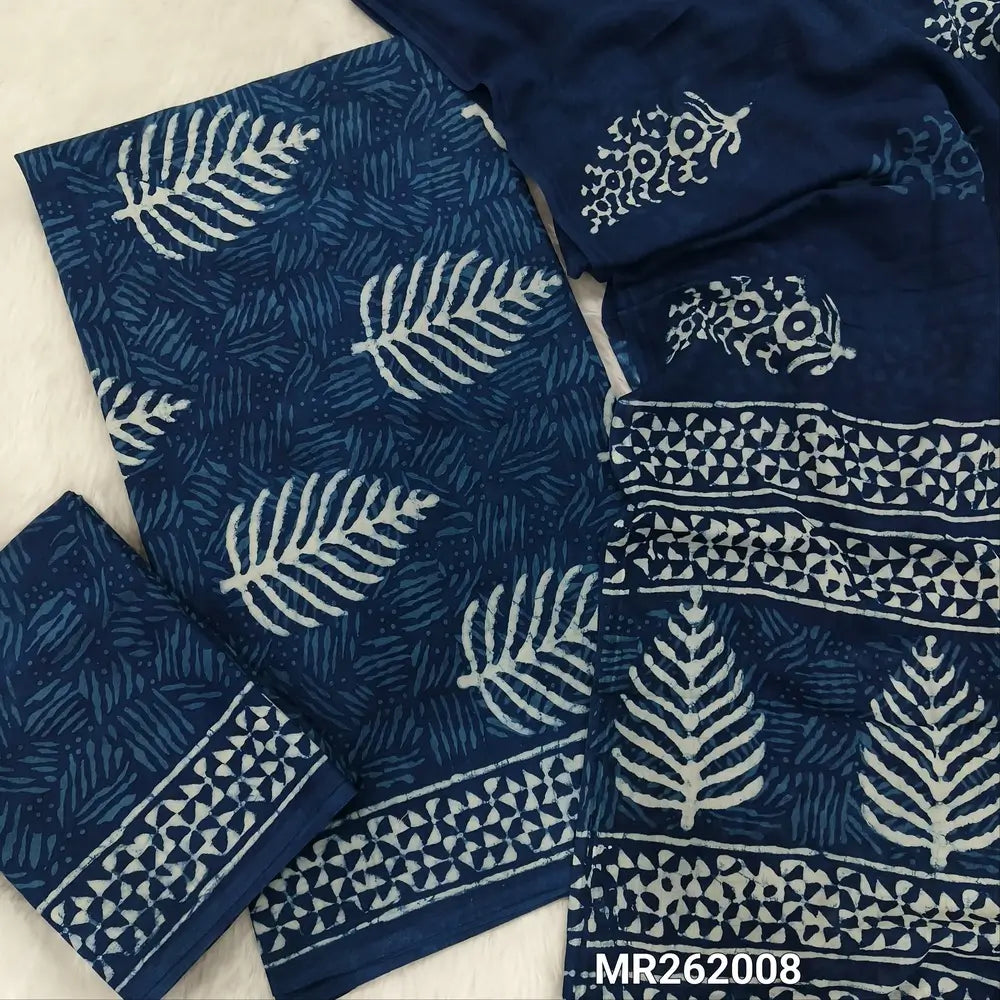 Indigo blue hand block printed pure mul cotton unstitched salwar material(lining optional)block printed cotton bottom, hand block printed full length pure mul cotton full length dupatta(REQUIRES TAPINGS). MR262008
