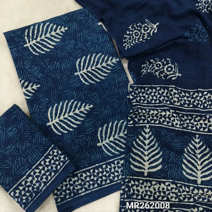 Indigo blue hand block printed pure mul cotton unstitched salwar material(lining optional)block printed cotton bottom, hand block printed full length pure mul cotton full length dupatta(REQUIRES TAPINGS). MR262008
