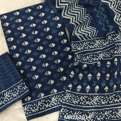 Indigo blue hand block printed pure mul cotton unstitched salwar material(lining optional)block printed cotton bottom, hand block printed full length pure mul cotton full length dupatta(REQUIRES TAPINGS). MR262011