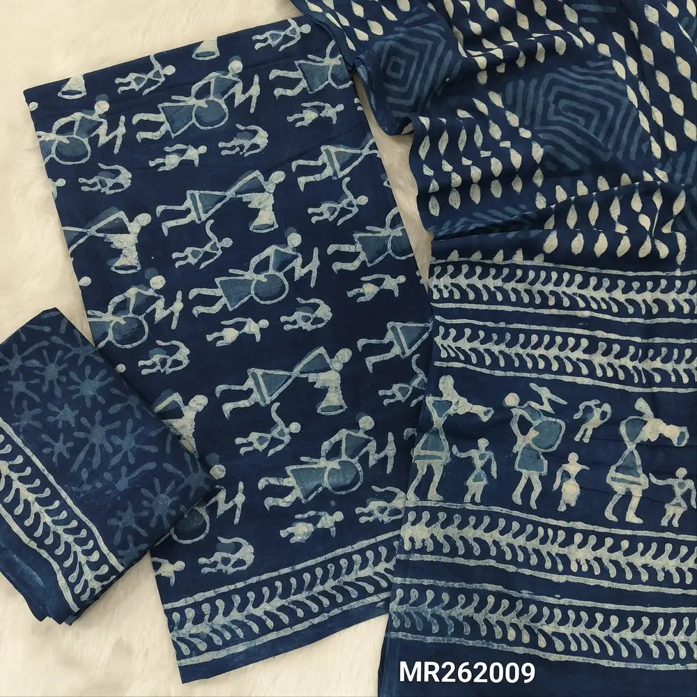 Indigo blue hand block printed pure mul cotton unstitched salwar material(lining optional)block printed cotton bottom, hand block printed full length pure mul cotton full length dupatta(REQUIRES TAPINGS). MR262009