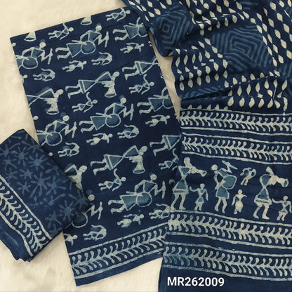 Indigo blue hand block printed pure mul cotton unstitched salwar material(lining optional)block printed cotton bottom, hand block printed full length pure mul cotton full length dupatta(REQUIRES TAPINGS). MR262009