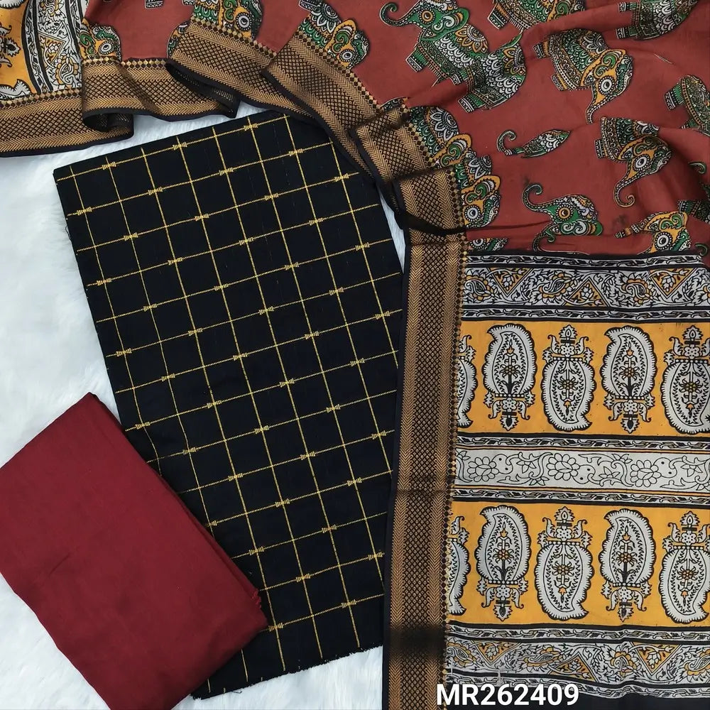 Black premium raw silk unstitched salwar material (textured, Lining needed)checked zari weaving all over, maroon silk bottom, pen kalamkari chennuri silk dupatta with nizam borders. MR262409