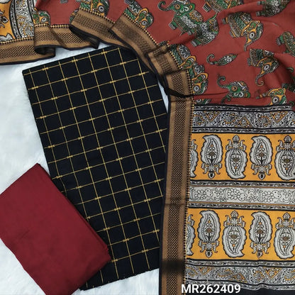Black premium raw silk unstitched salwar material (textured, Lining needed)checked zari weaving all over, maroon silk bottom, pen kalamkari chennuri silk dupatta with nizam borders. MR262409