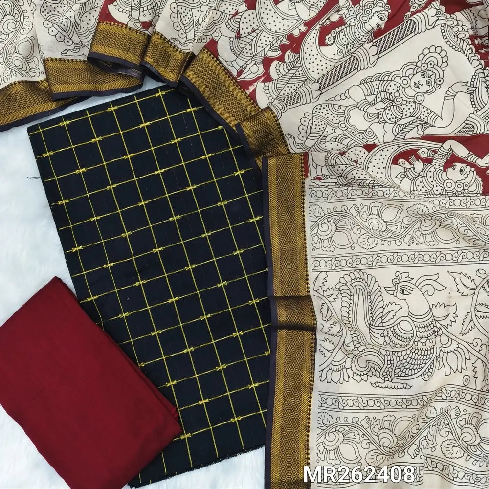 Black premium raw silk unstitched salwar material (textured, Lining needed)checked zari weaving all over, maroon silk bottom, pen kalamkari chennuri silk dupatta with nizam borders. MR262408