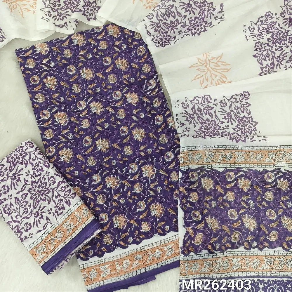 Dark purple hand block printed pure mul cotton unstitched salwar material, (lining needed) handblock printed mul cotton bottom,block printed full length mul cotton dupatta.(TAPINGS NEEDED, INCONSISTENT PRINTS ARE NOT DEFECTS) MR262403