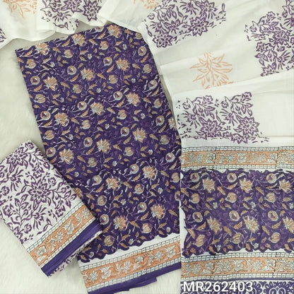 Dark purple hand block printed pure mul cotton unstitched salwar material, (lining needed) handblock printed mul cotton bottom,block printed full length mul cotton dupatta.(TAPINGS NEEDED, INCONSISTENT PRINTS ARE NOT DEFECTS) MR262403