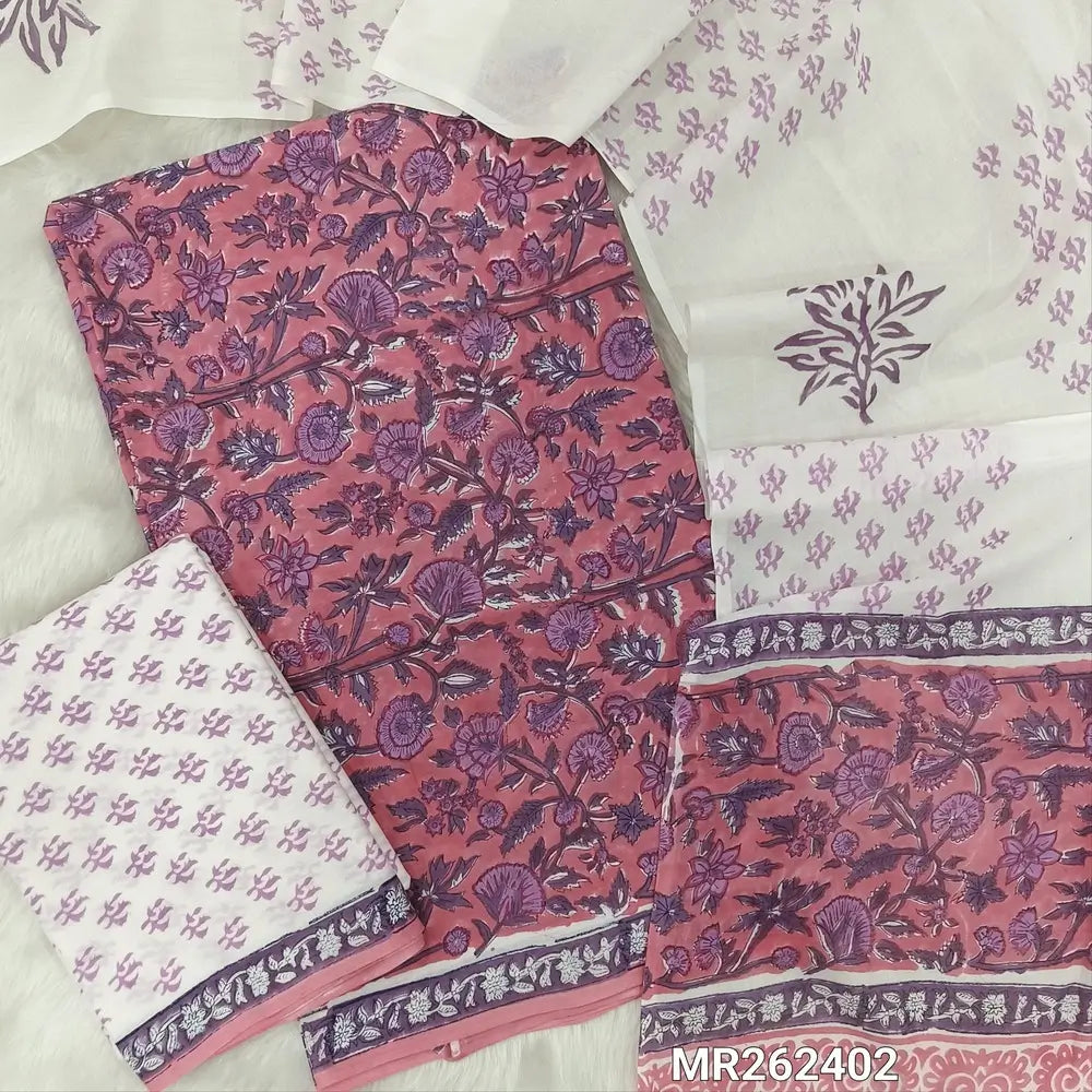Pink hand block printed pure mul cotton unstitched salwar material, (lining needed) handblock printed mul cotton bottom,block printed full length mul cotton dupatta.(TAPINGS NEEDED, INCONSISTENT PRINTS ARE NOT DEFECTS) MR262402