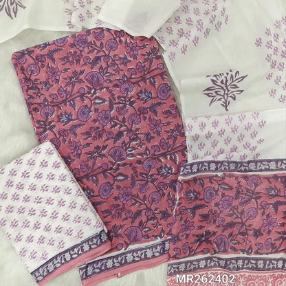 Pink hand block printed pure mul cotton unstitched salwar material, (lining needed) handblock printed mul cotton bottom,block printed full length mul cotton dupatta.(TAPINGS NEEDED, INCONSISTENT PRINTS ARE NOT DEFECTS) MR262402
