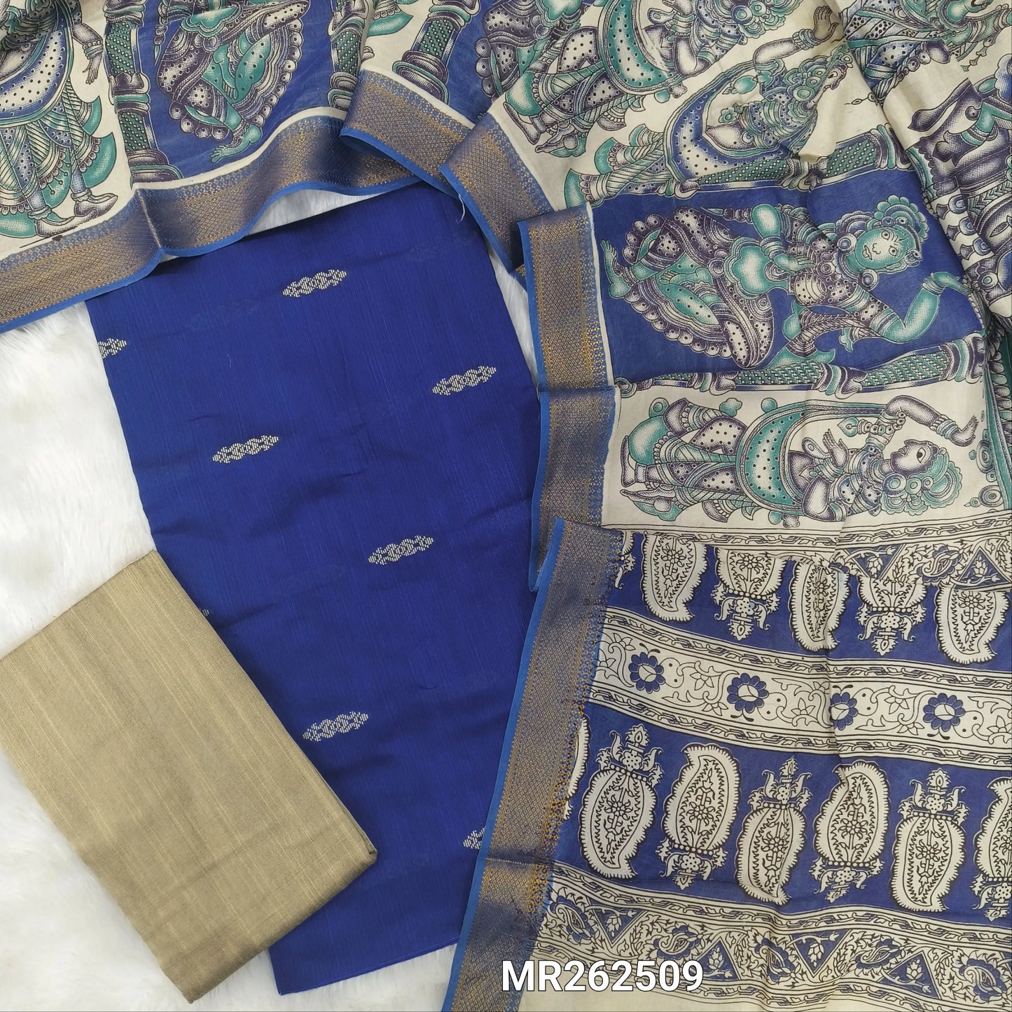 Royal blue premium raw silk unstitched salwar material (textured, Lining needed)thread weaving buttas all over, beige silk bottom, pen kalamkari chennuri silk dupatta with nizam borders (INCONSISTENT STAINS ARE NOT DEFECTS). MR262509