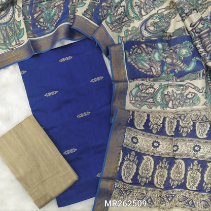 Royal blue premium raw silk unstitched salwar material (textured, Lining needed)thread weaving buttas all over, beige silk bottom, pen kalamkari chennuri silk dupatta with nizam borders (INCONSISTENT STAINS ARE NOT DEFECTS). MR262509