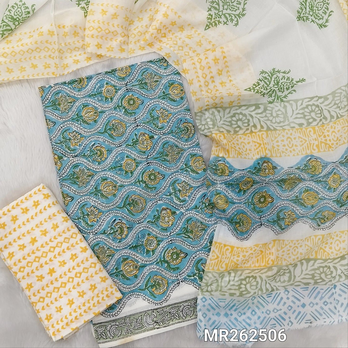 Pastel blue hand block printed pure mul cotton unstitched salwar material, (lining needed) hand block printed cotton bottom,block printed full length mul cotton dupatta.(TAPINGS NEEDED, INCONSISTENT PRINTS ARE NOT DEFECTS) MR262506