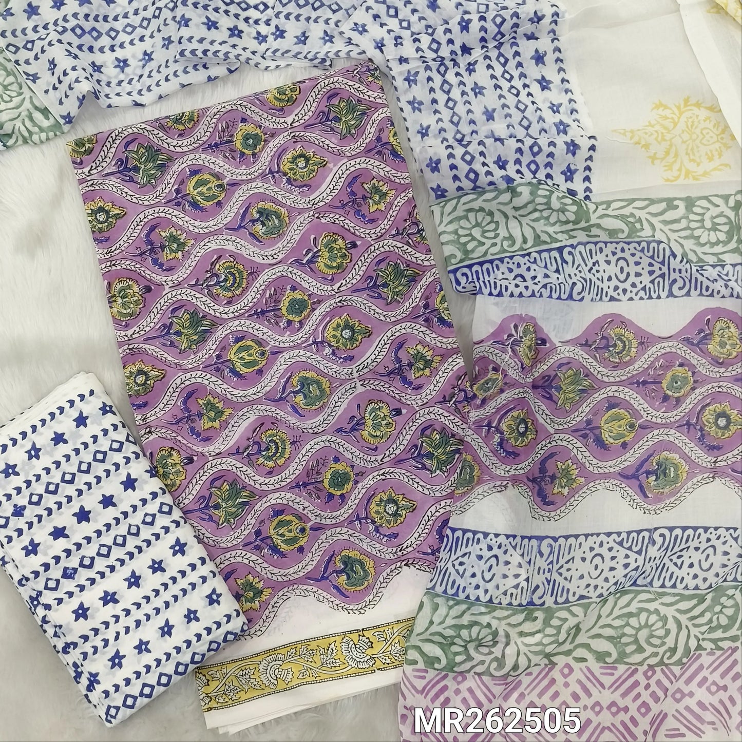 Lavender hand block printed pure mul cotton unstitched salwar material, (lining needed) hand block printed cotton bottom,block printed full length mul cotton dupatta.(TAPINGS NEEDED, INCONSISTENT PRINTS ARE NOT DEFECTS) MR262505