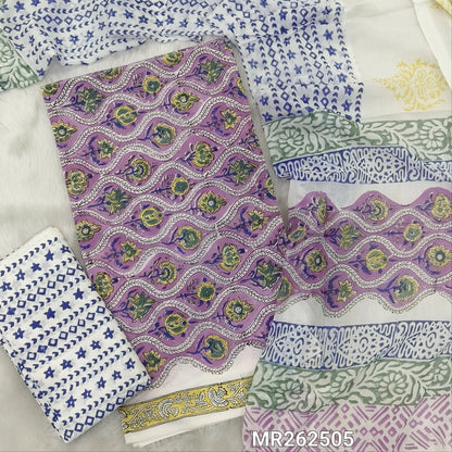 Lavender hand block printed pure mul cotton unstitched salwar material, (lining needed) hand block printed cotton bottom,block printed full length mul cotton dupatta.(TAPINGS NEEDED, INCONSISTENT PRINTS ARE NOT DEFECTS) MR262505