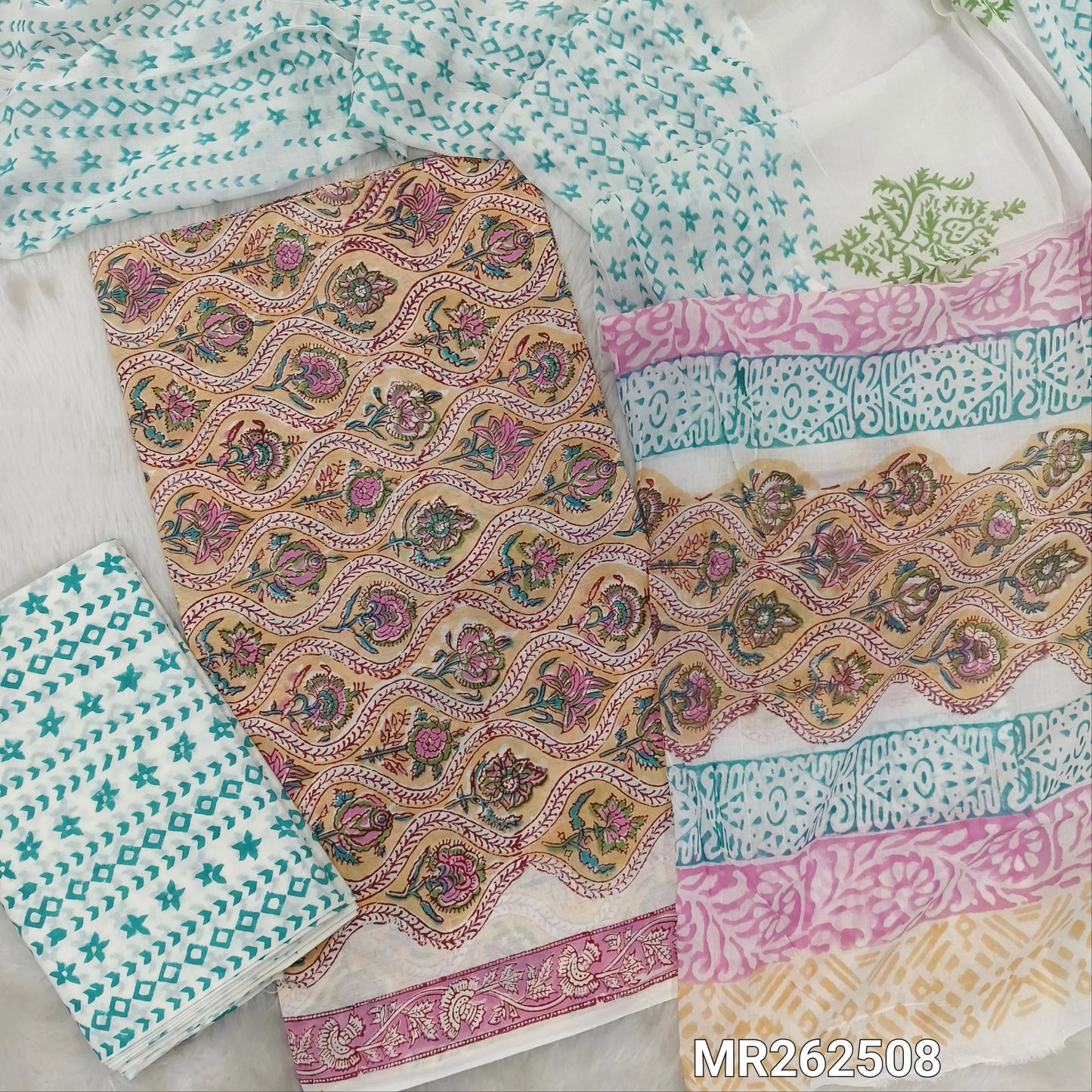 Pastel peach hand block printed pure mul cotton unstitched salwar material, (lining needed) hand block printed cotton bottom,block printed full length mul cotton dupatta.(TAPINGS NEEDED, INCONSISTENT PRINTS ARE NOT DEFECTS) MR262508