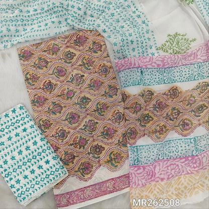 Pastel peach hand block printed pure mul cotton unstitched salwar material, (lining needed) hand block printed cotton bottom,block printed full length mul cotton dupatta.(TAPINGS NEEDED, INCONSISTENT PRINTS ARE NOT DEFECTS) MR262508